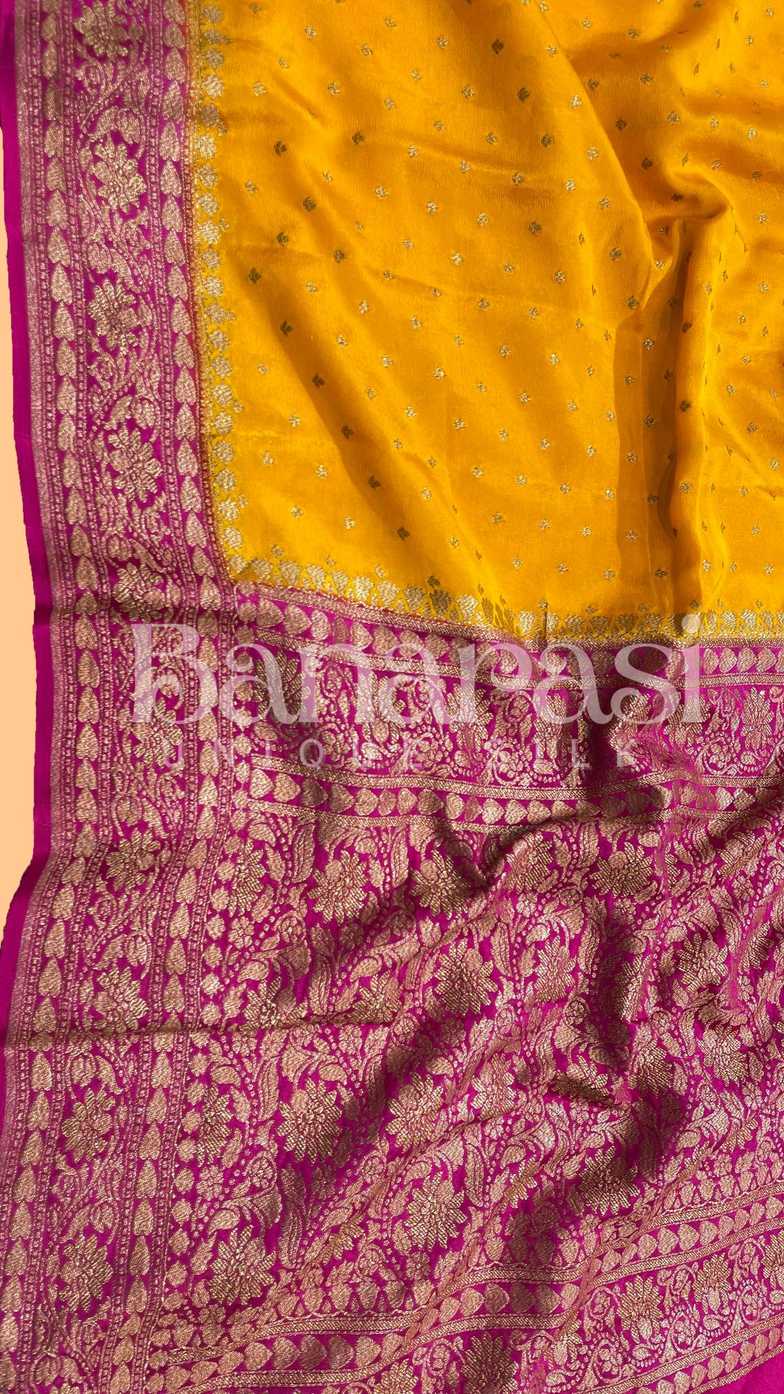 Mustard With Pink Creap Banarasi Saree