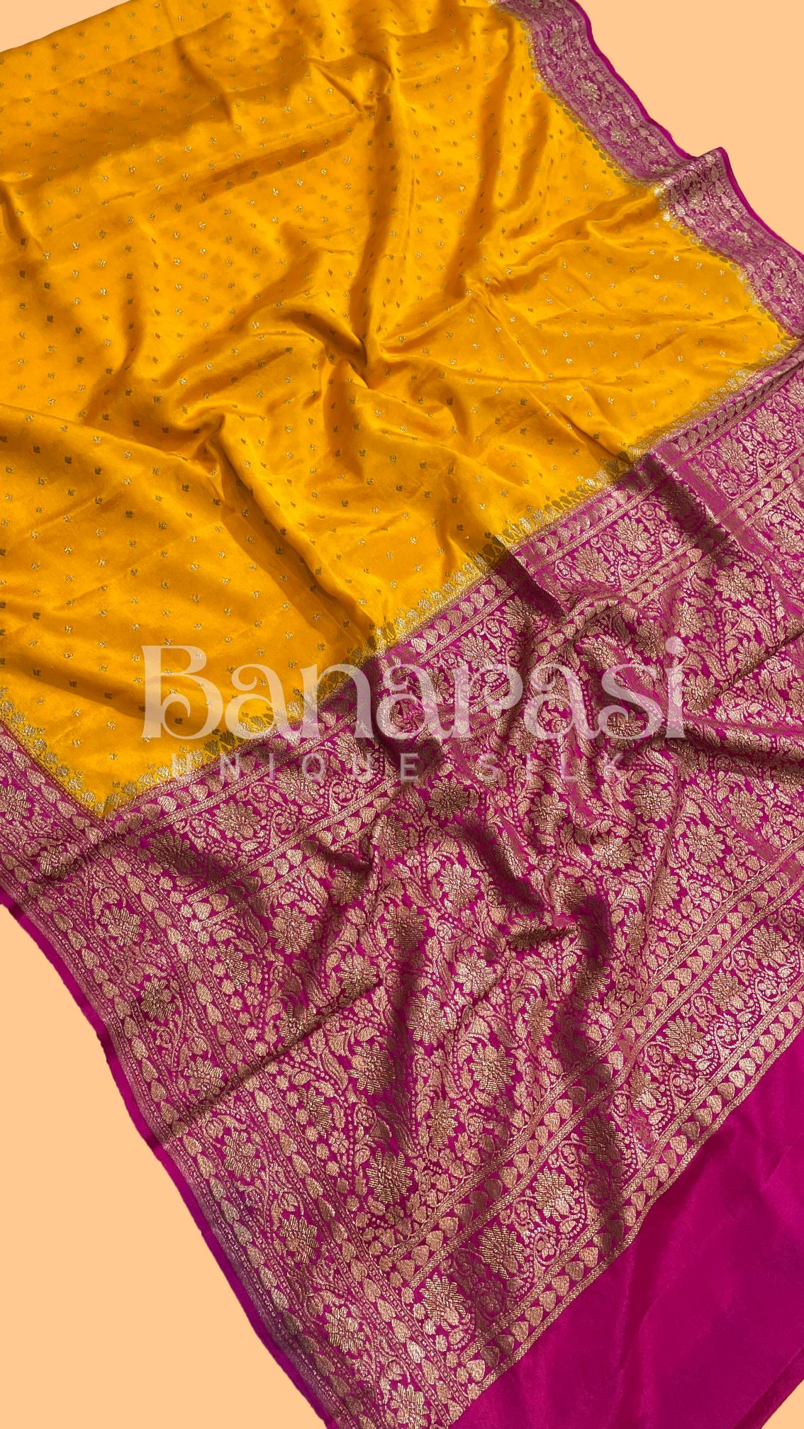 Mustard With Pink Creap Banarasi Saree