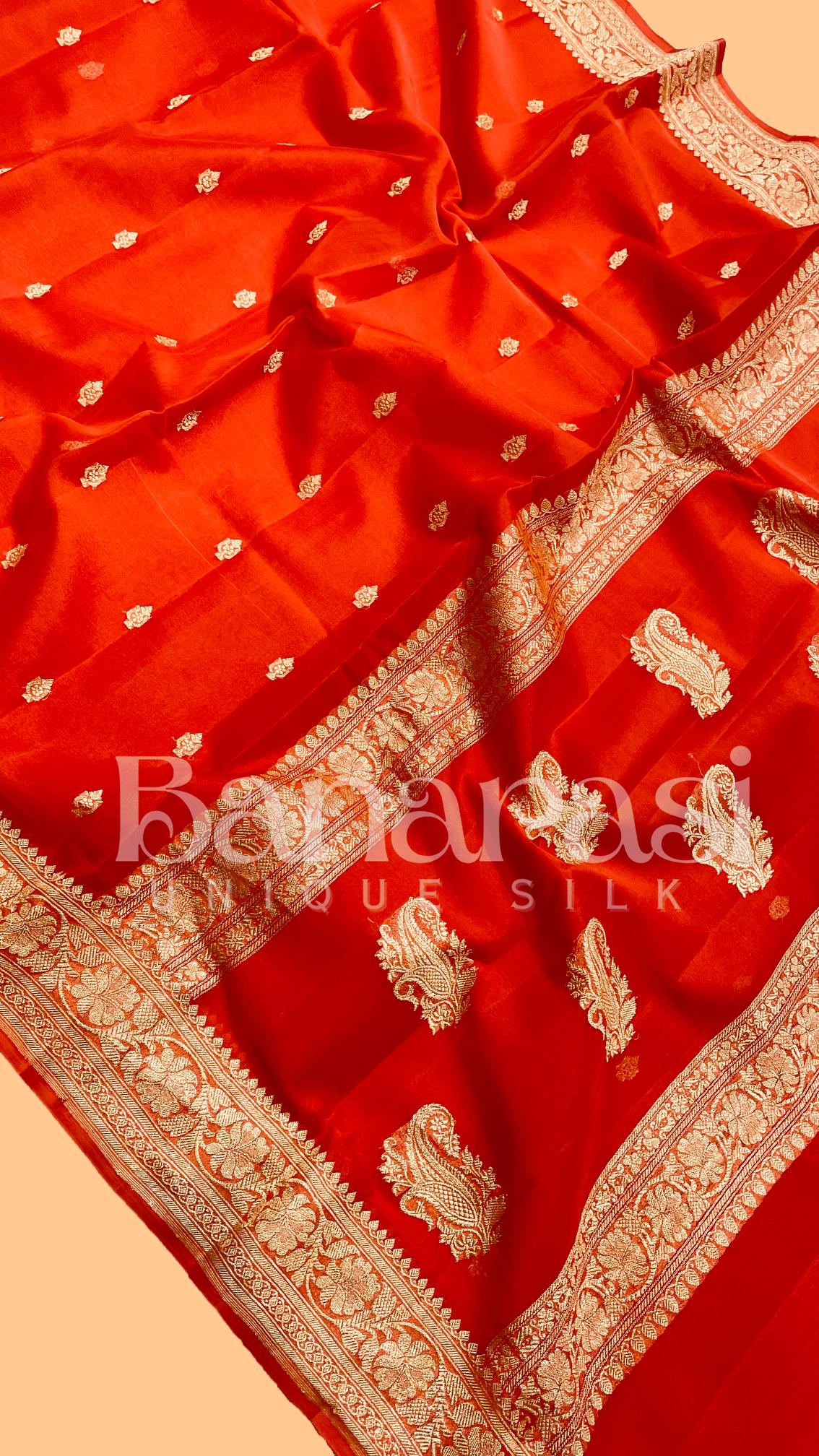 Orange Pure Georgette Banarasi Saree gold zari