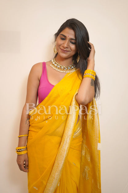 Yellow Pure Georgette Banarasi Saree