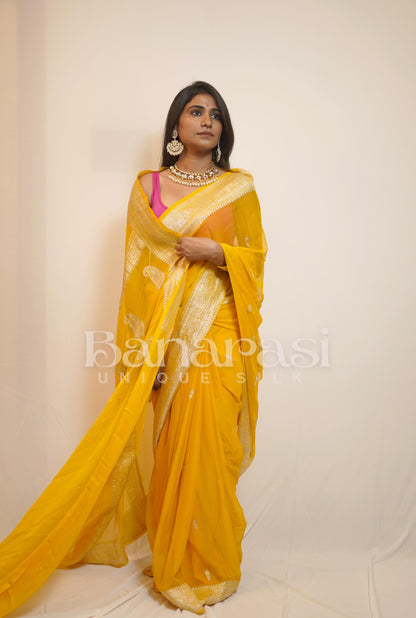 Yellow Pure Georgette Banarasi Saree