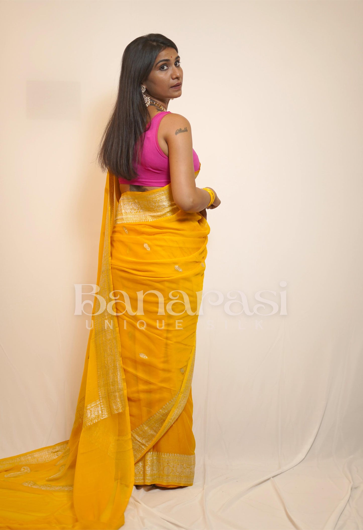 Yellow Pure Georgette Banarasi Saree