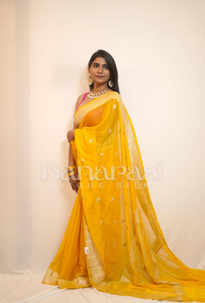 Yellow Pure Georgette Banarasi Saree