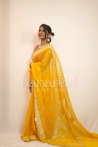 Yellow Pure Georgette Banarasi Saree