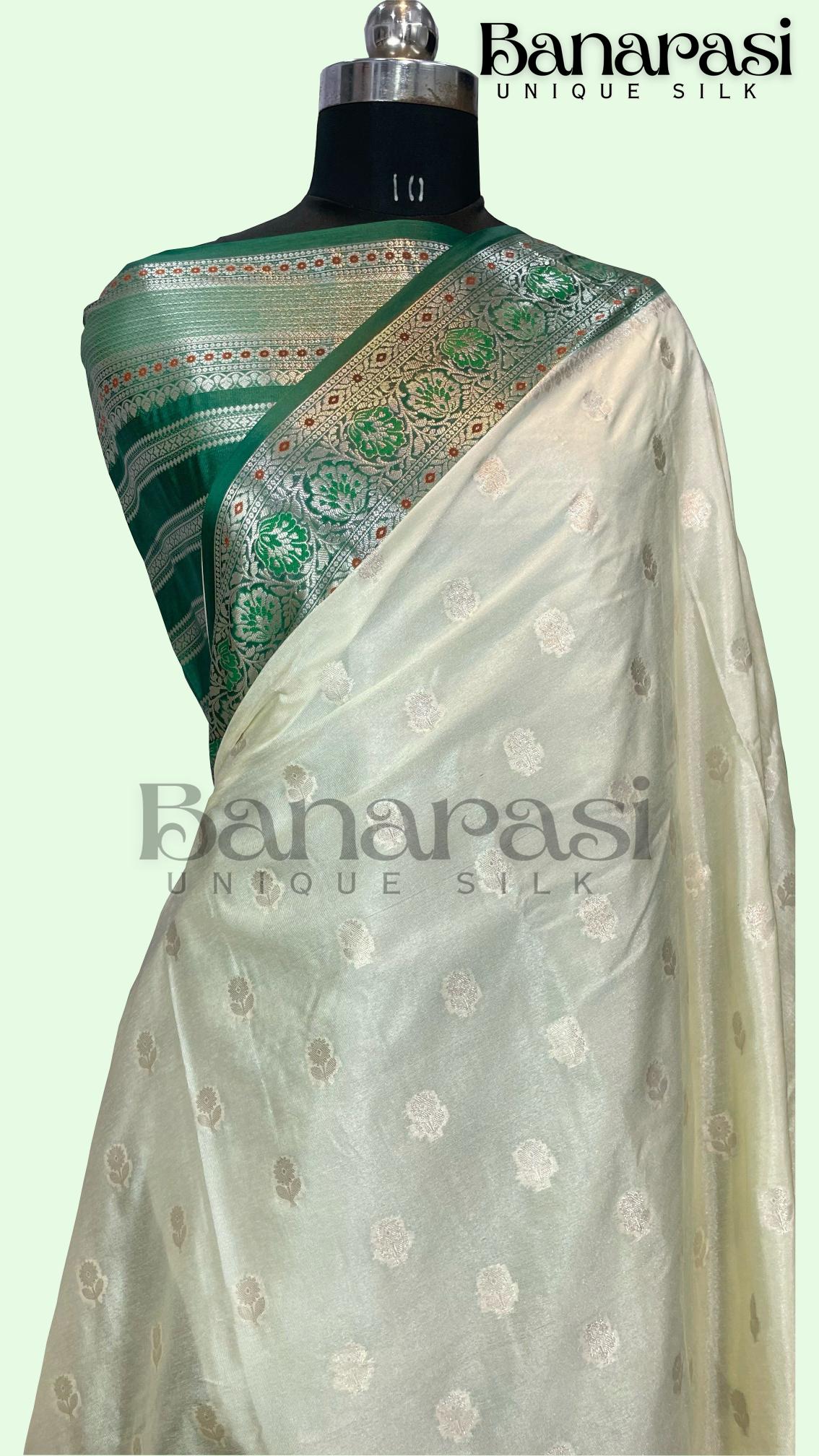 Cream With Dark Green Banarasi chiniya katan soft silk saree