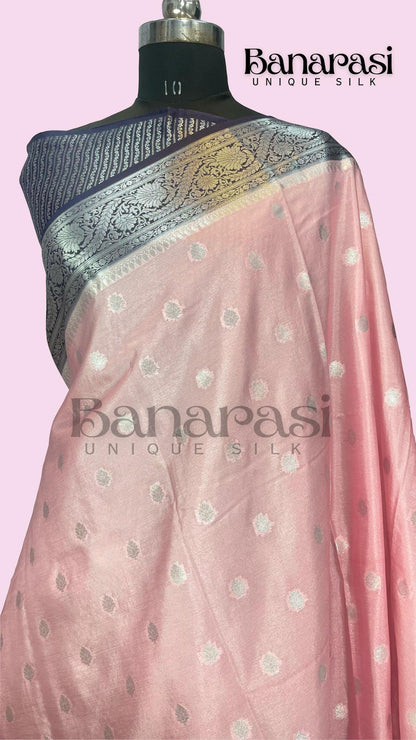 Peach with dark blue Banarasi chiniya katan soft silk saree