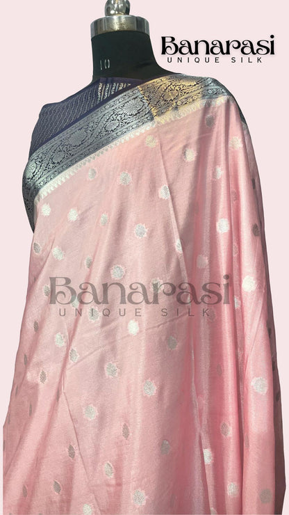 Peach with dark blue Banarasi chiniya katan soft silk saree