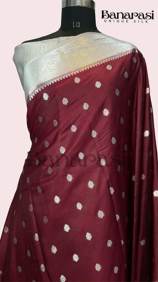 Mahroon With Greay Banarasi chiniya katan soft silk saree