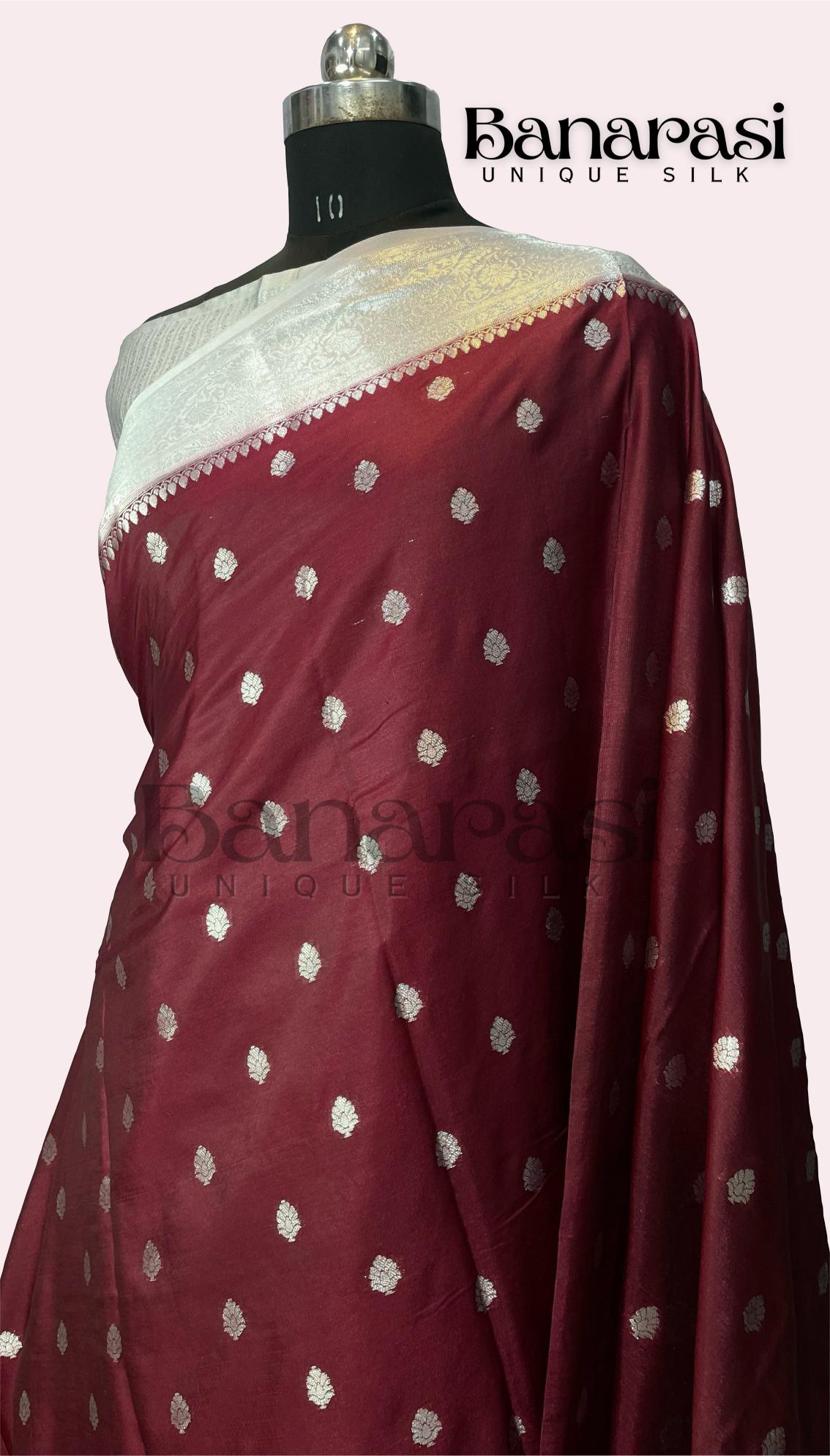 Mahroon With Greay Banarasi chiniya katan soft silk saree