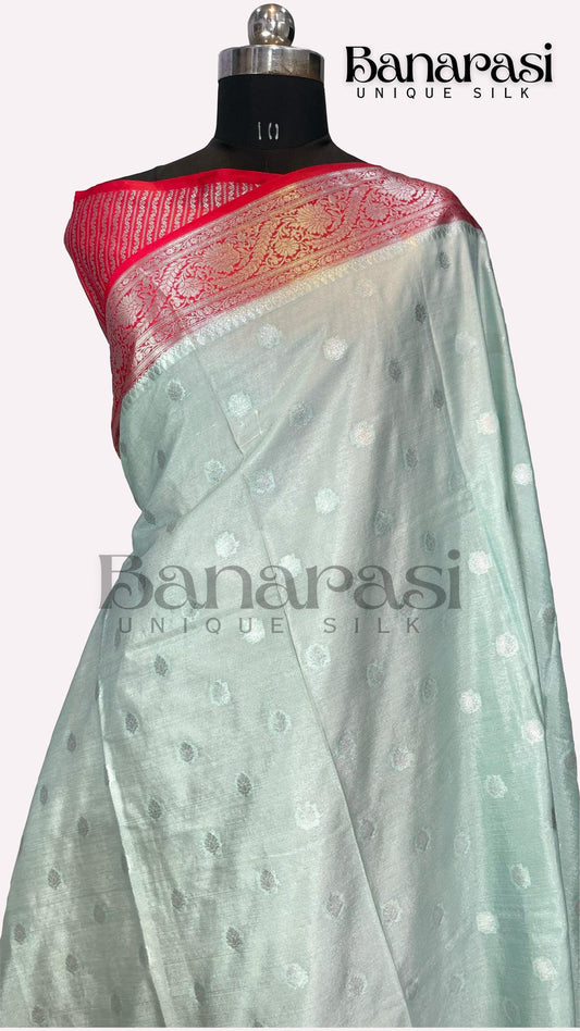 Ash green with red Banarasi chiniya katan soft silk saree