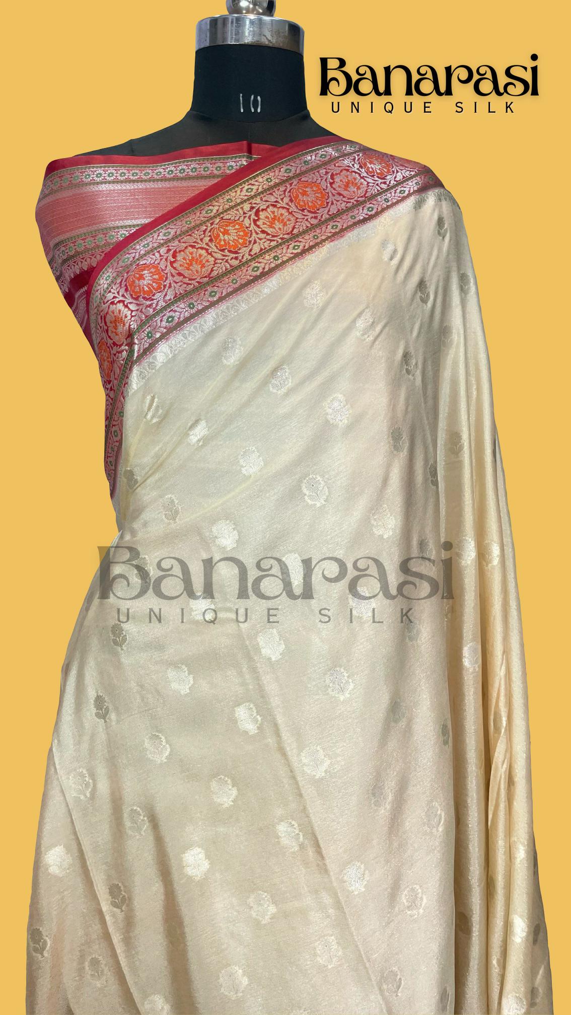 Cream With Mahroon Banarasi chiniya katan soft silk saree