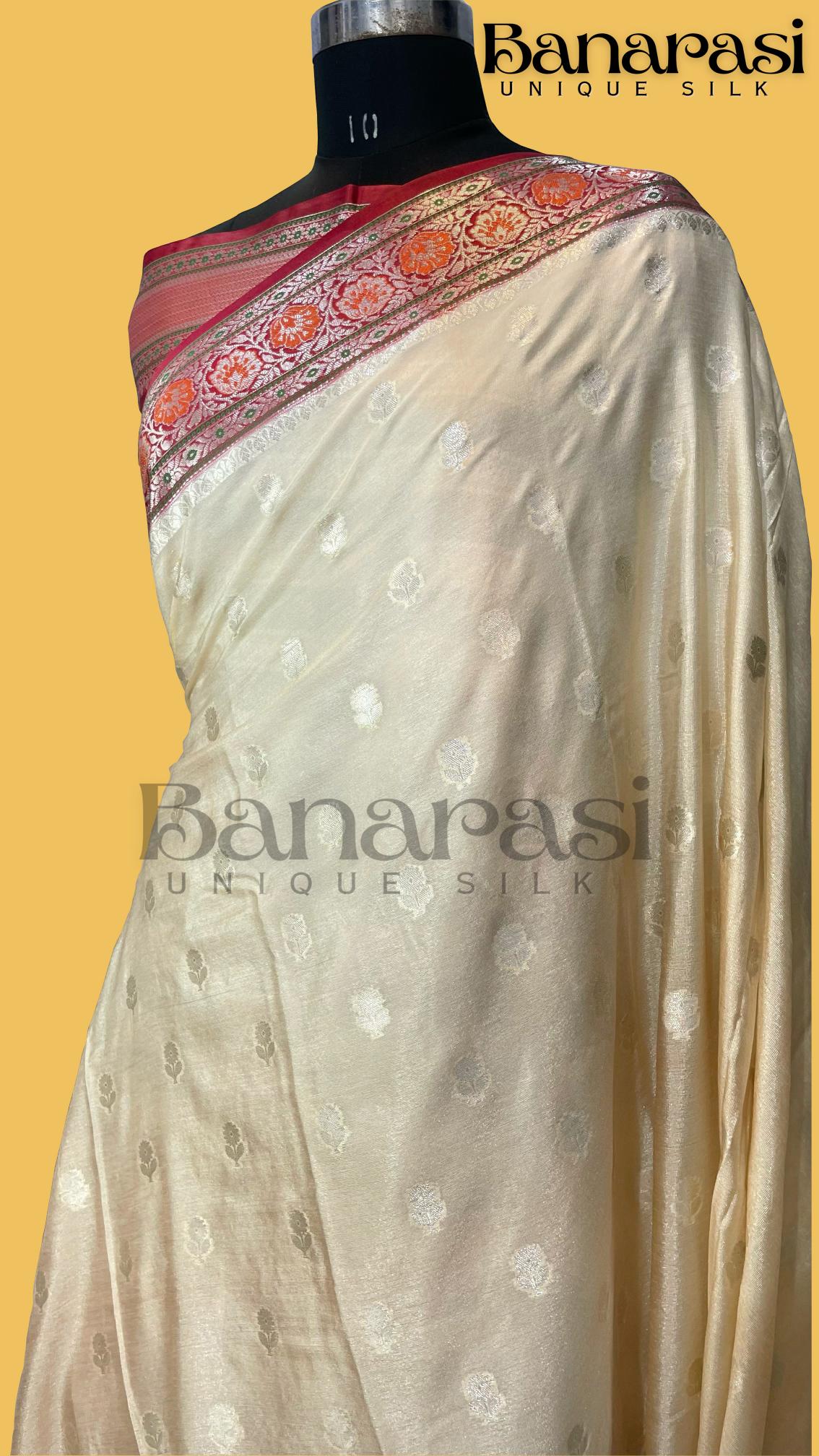 Cream With Mahroon Banarasi chiniya katan soft silk saree