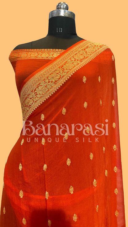 Orange Pure Georgette Banarasi Saree gold zari