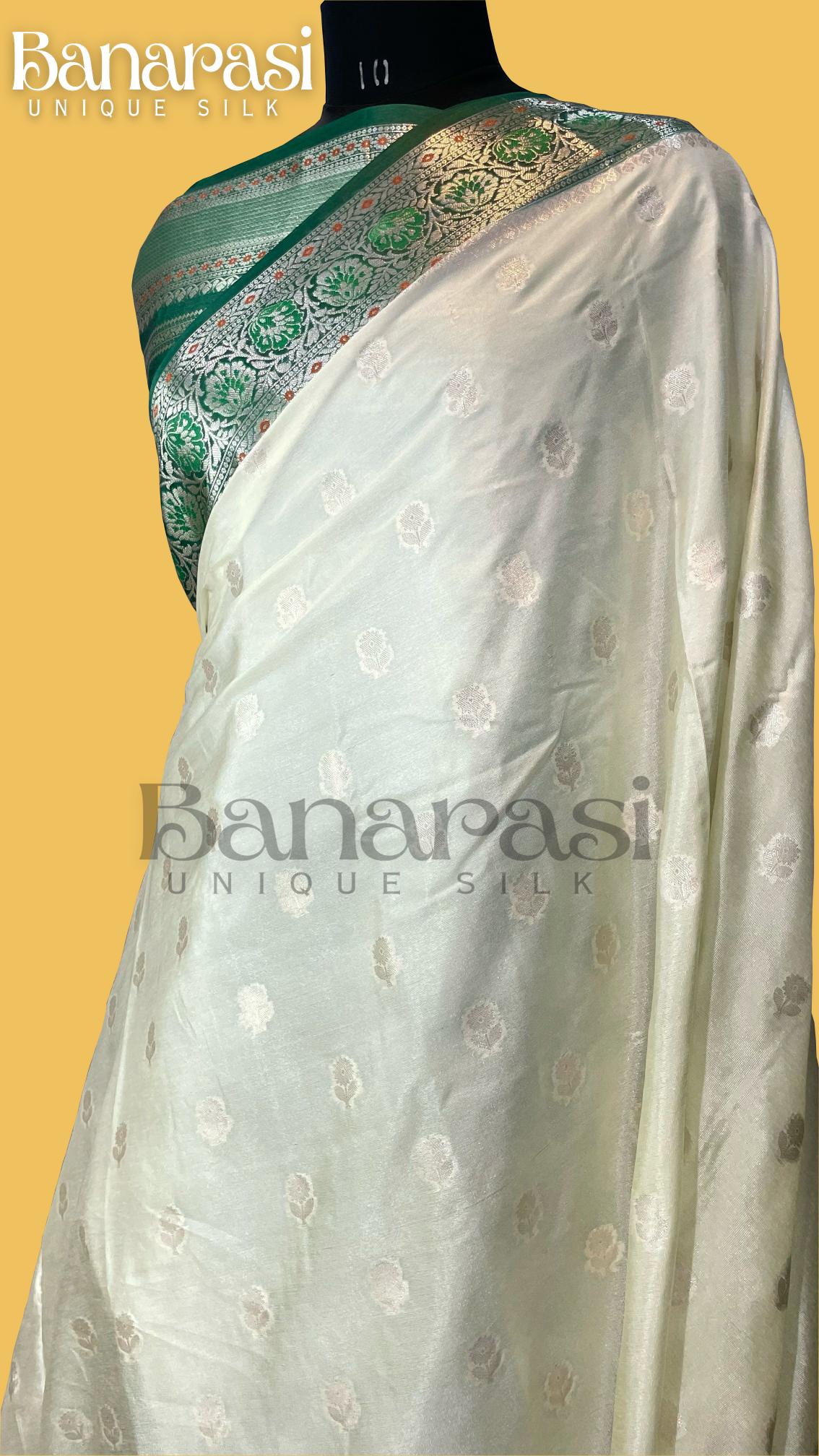 Cream With Dark Green Banarasi chiniya katan soft silk saree