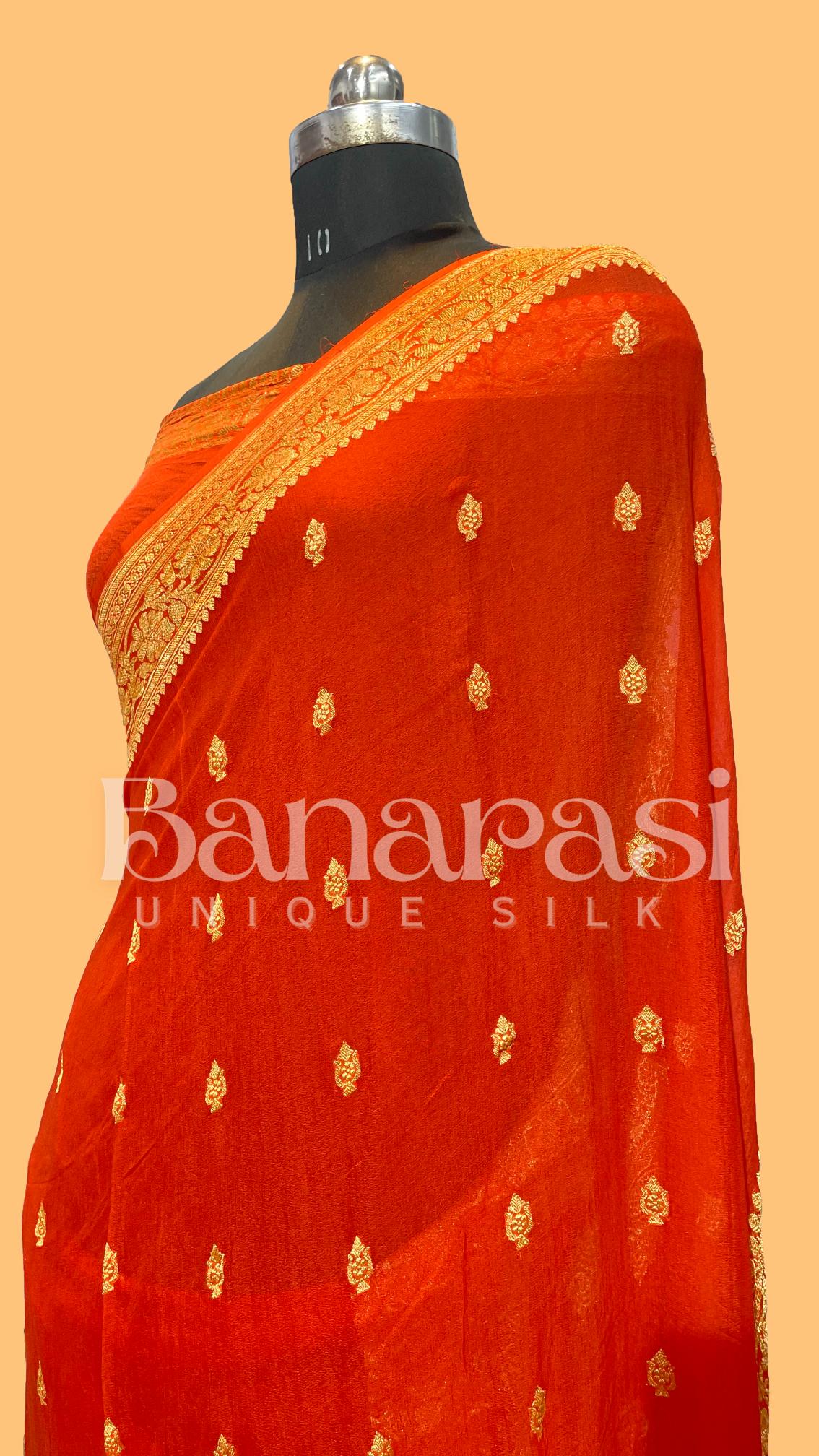 Orange Pure Georgette Banarasi Saree gold zari