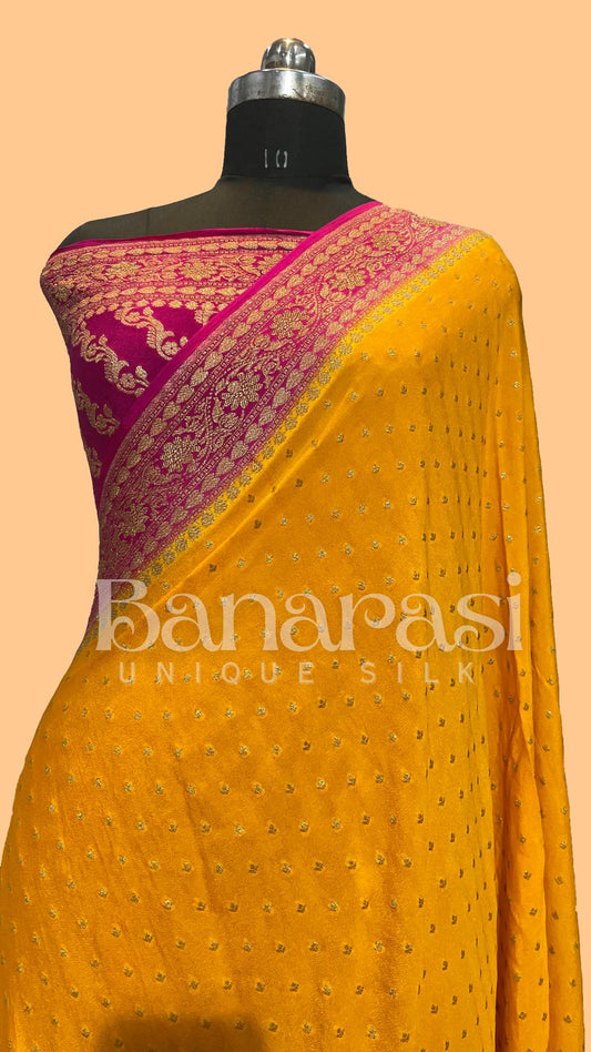 Mustard With Pink Creap Banarasi Saree