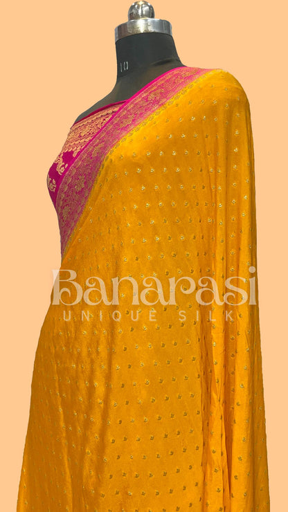 Mustard With Pink Creap Banarasi Saree