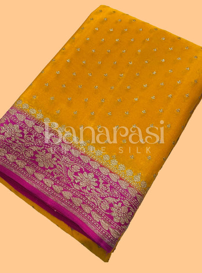 Mustard With Pink Creap Banarasi Saree