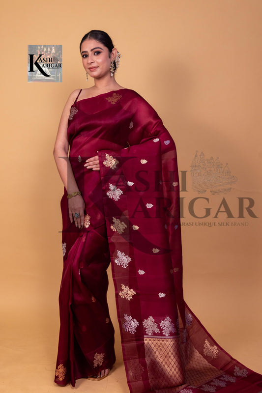 Maroon Pure Kora Handloom Banarasi Saree