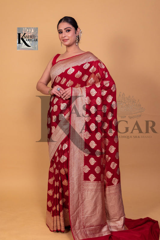 Dark Red Khaddi Georgette Handloom Banarasi Saree - All Over Work with meenakari