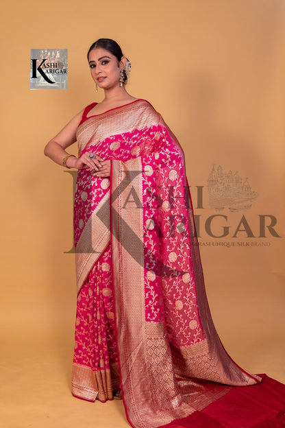 Pink With Mahroon Khaddi Georgette Handloom Banarasi Saree