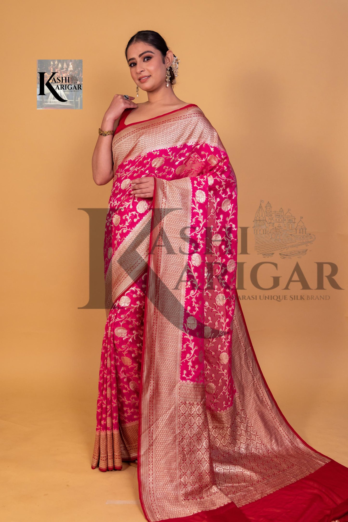 Pink With Mahroon Khaddi Georgette Handloom Banarasi Saree