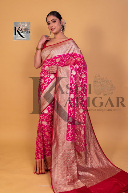 Pink With Mahroon Khaddi Georgette Handloom Banarasi Saree