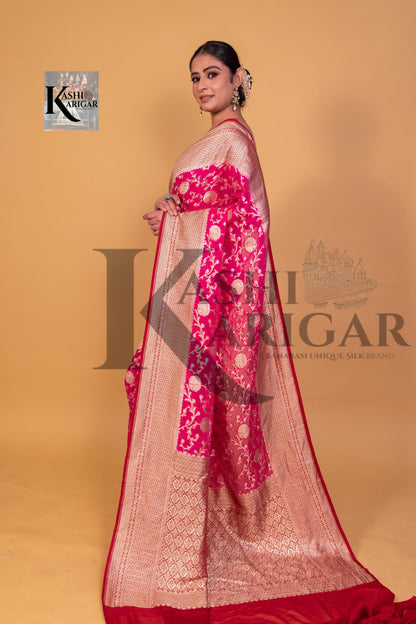 Pink With Mahroon Khaddi Georgette Handloom Banarasi Saree