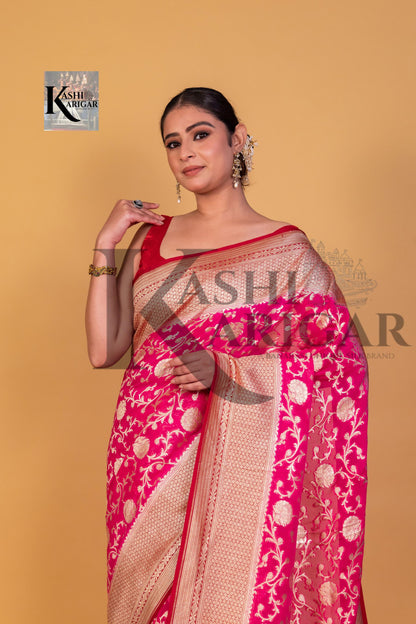 Pink With Mahroon Khaddi Georgette Handloom Banarasi Saree