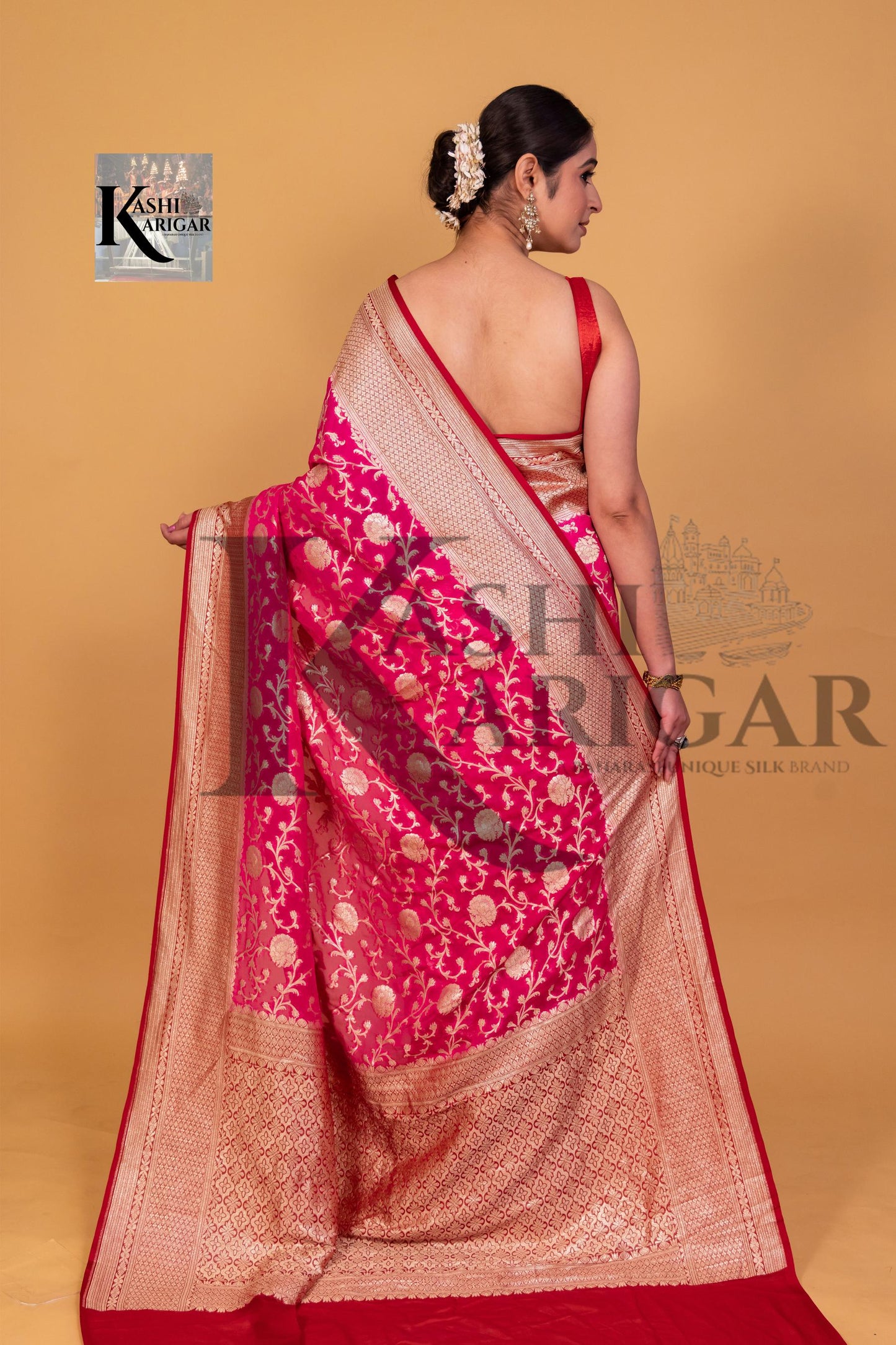 Pink With Mahroon Khaddi Georgette Handloom Banarasi Saree