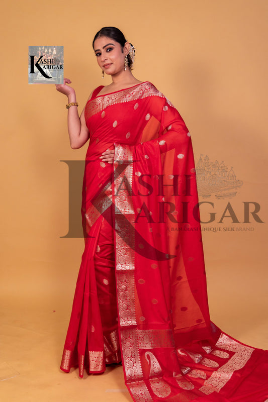 Red Banarasi Handwoven georgette Saree With Silver Zari Work