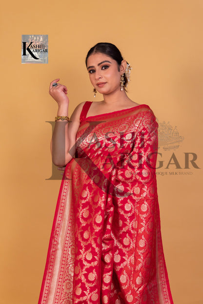 Red Banarasi katan silk handloom saree