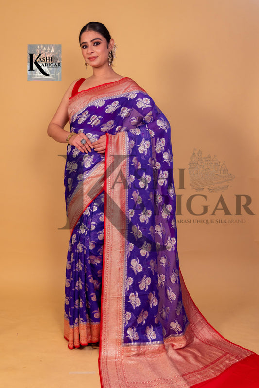 Blue With  Red Khaddi Georgette Handloom Banarasi Saree - All Over Work with meenakari