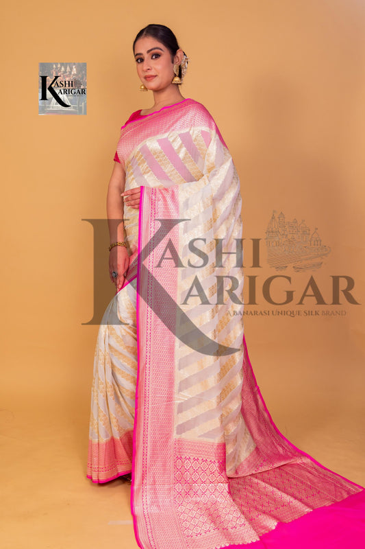 White With Pink Khaddi Georgette Handloom Banarasi Saree