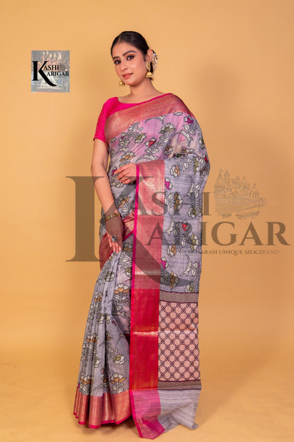 Gray With Pink cottan silk banarasi saree all over weaving with meenakari