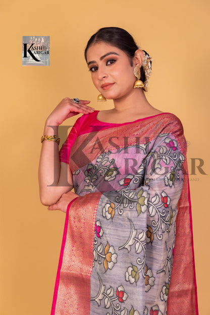 Gray With Pink cottan silk banarasi saree all over weaving with meenakari