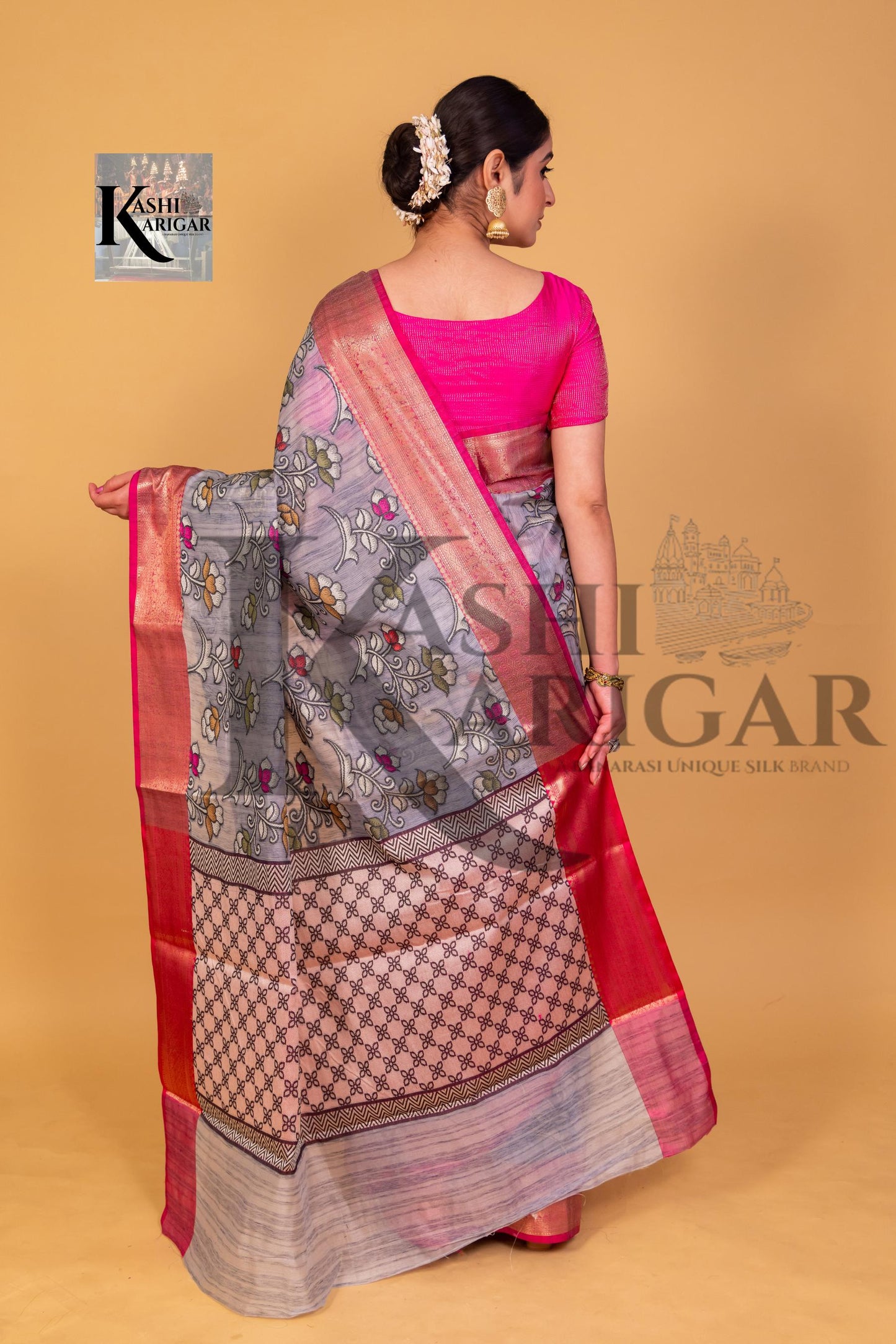 Gray With Pink cottan silk banarasi saree all over weaving with meenakari