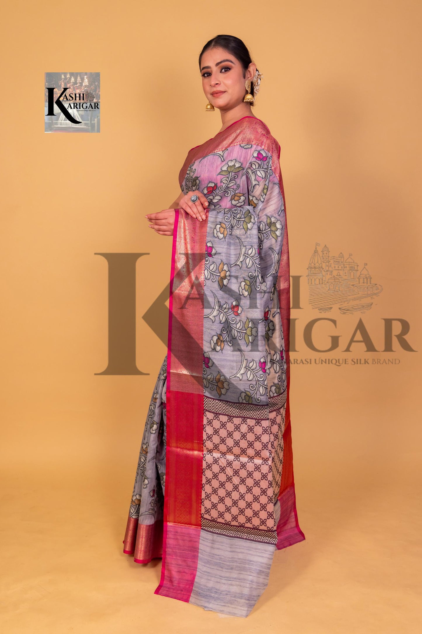 Gray With Pink cottan silk banarasi saree all over weaving with meenakari