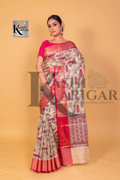 Cream With Pink cottan silk banarasi saree all over weaving with meenakari