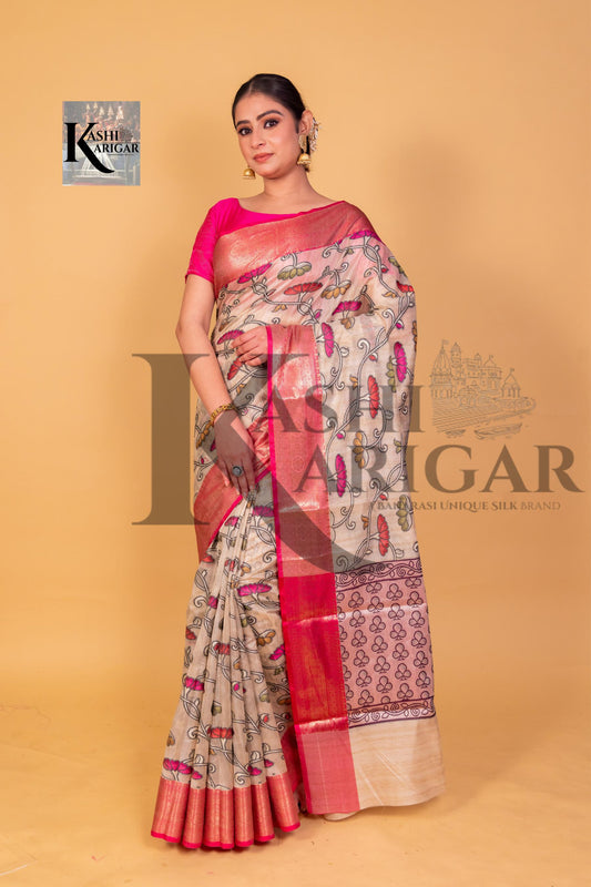 Cream With Pink cottan silk banarasi saree all over weaving with meenakari