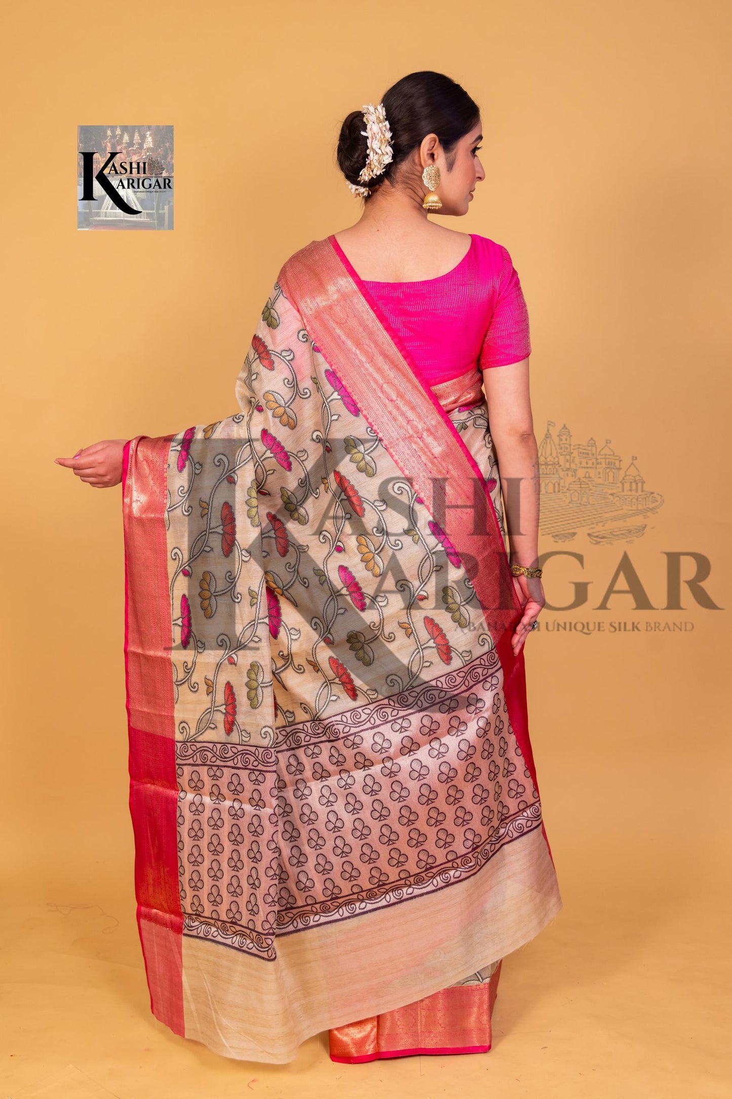 Cream With Pink cottan silk banarasi saree all over weaving with meenakari