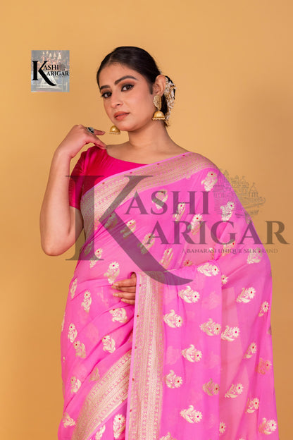 Light Pink Khaddi Georgette Handloom Banarasi Saree - All Over Work with meenakari