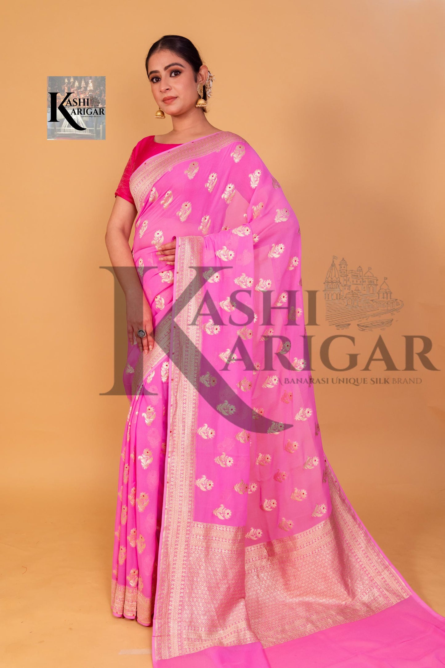 Light Pink Khaddi Georgette Handloom Banarasi Saree - All Over Work with meenakari