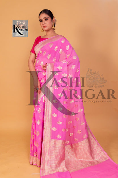 Light Pink Khaddi Georgette Handloom Banarasi Saree - All Over Work with meenakari