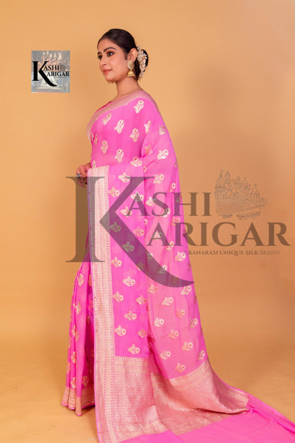 Light Pink Khaddi Georgette Handloom Banarasi Saree - All Over Work with meenakari