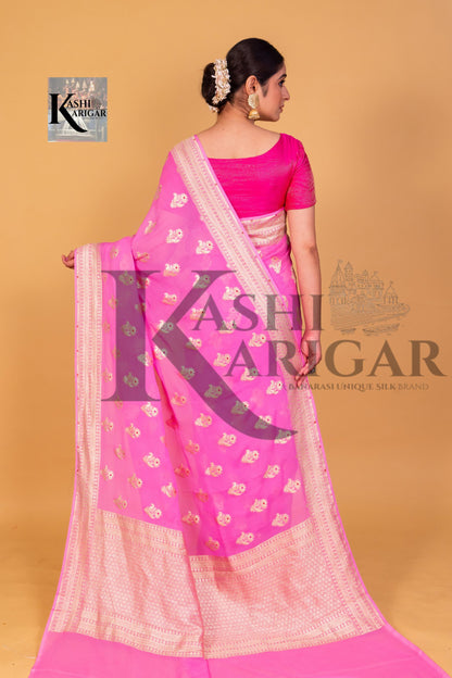 Light Pink Khaddi Georgette Handloom Banarasi Saree - All Over Work with meenakari