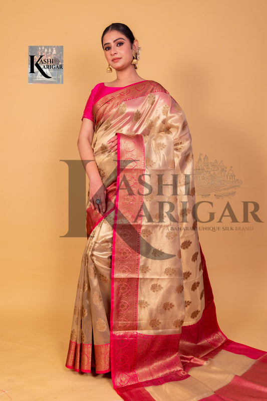 Gold With Pink Banarasi Tissue Saree With Zari Buti & Border