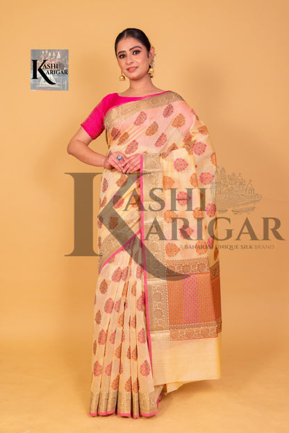 Cream Banarasi Chanderi Saree With Resham Buti & Border meenakari