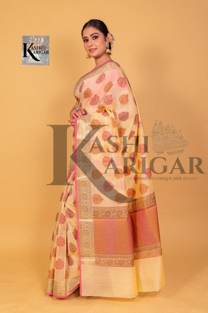 Cream Banarasi Chanderi Saree With Resham Buti & Border meenakari