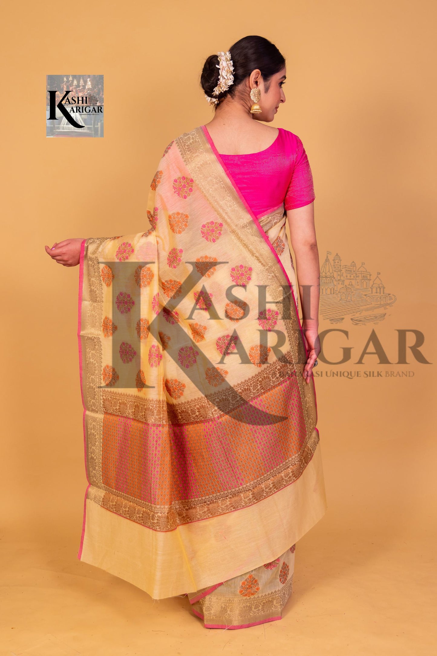 Cream Banarasi Chanderi Saree With Resham Buti & Border meenakari